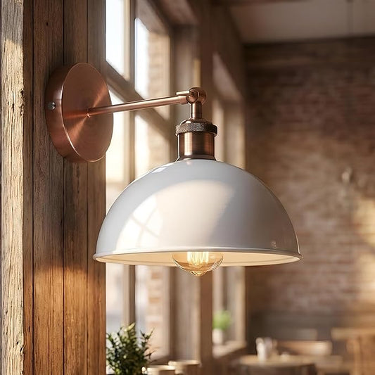 Dome Metal Wall Sconce, 180° Adjustable Industrial Wall Lamp for Bedside, Study, Kitchen, and Living Room Décor. (White_)