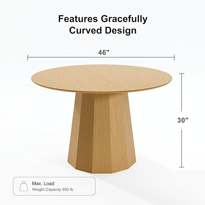 Casaphoria 46" Round Dining Table, Modern Wood Kitchen Table with Cone Shaped Strip Polygonal Base for Living Room & Dining Room, Easy Assembly Farmhouse Furniture for 4-6, Oak