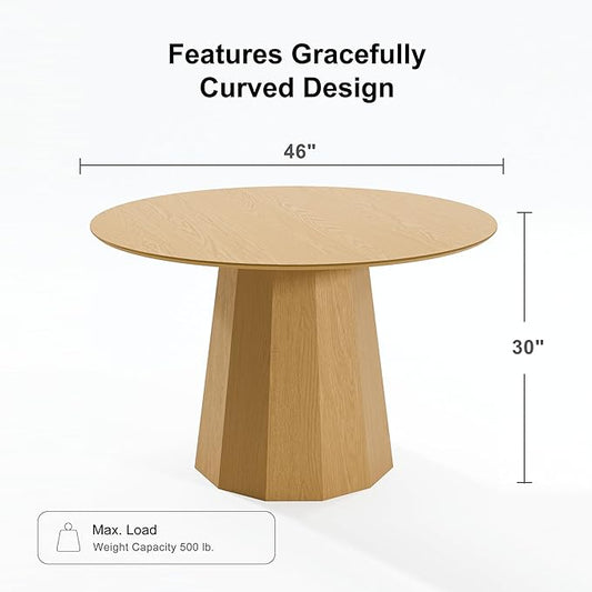 Casaphoria 46" Round Dining Table, Modern Wood Kitchen Table with Cone Shaped Strip Polygonal Base for Living Room & Dining Room, Easy Assembly Farmhouse Furniture for 4-6, Oak