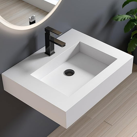 30 inch Wall Mount Floating Vanity with Sink Bathroom Vessel Sink Rectangle Modern Stone Resin White Washing Sink Art Basin for Bathroom AFS140-750