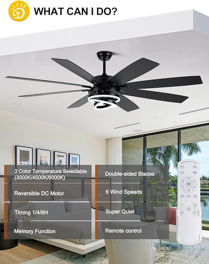 Black 72 Inch Ceiling Fans with Lights and Remote Reversible Quiet DC Motor 6 Speed LED Big Large Modern Chandelier Ceiling Fans for Living Room Bedroom