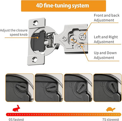 Chibery 50 Pack 3/8" Overlay 4D Soft Close Concealed Hinges for Face Frame Door, Adjustable Closing Speed, Smooth Slow Self Close Hinges, Satin Nickel, 105° Open Angle Stainless Steel Cabinet Hinges