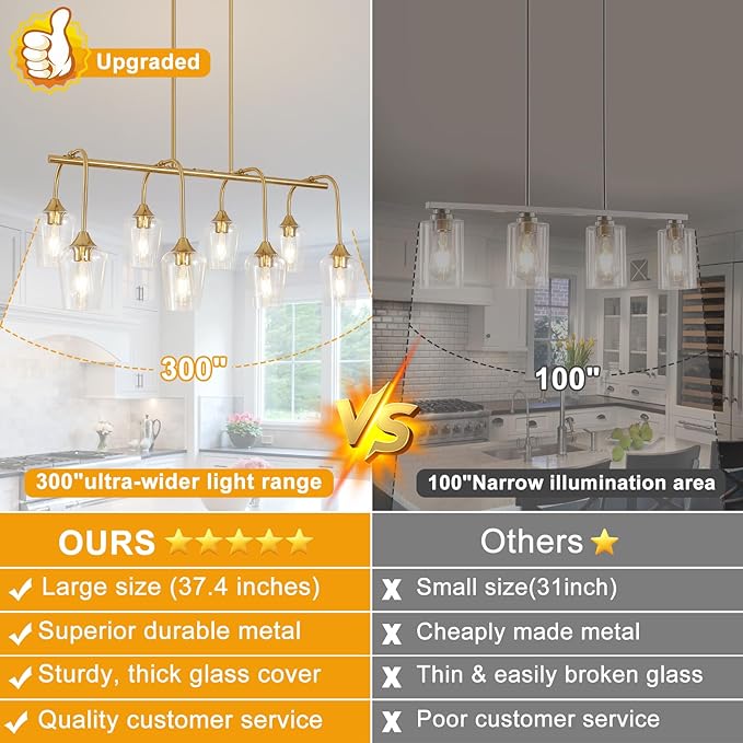 Dining Room Light Fixture/Chandelier Over Table (38inch, 8-Light), Brushed Gold Kitchen Island Lighting with Clear Glass Shade, Modern Hanging Pendant Lights Fixture for Kitchen Island, Dining Room