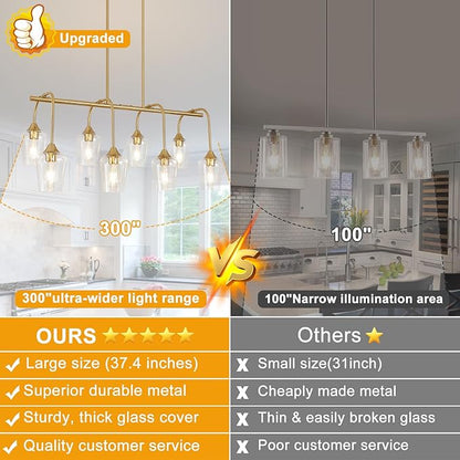 Dining Room Light Fixture/Chandelier Over Table (38inch, 8-Light), Brushed Gold Kitchen Island Lighting with Clear Glass Shade, Modern Hanging Pendant Lights Fixture for Kitchen Island, Dining Room