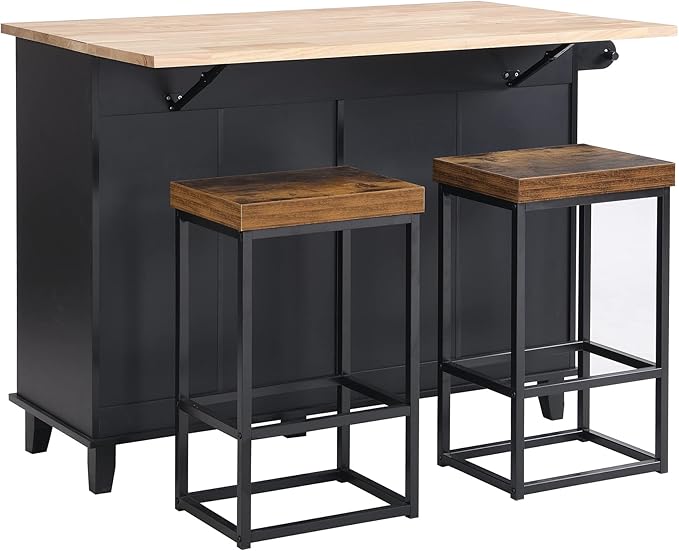 Kitchen Island Set with Drop Leaf and 2 Seatings, Dining Table Set with Storage Cabinet, Drawers and Towel Rack, Suitable for Kitchens, Dining Rooms (Black+Rustic Brown@d)