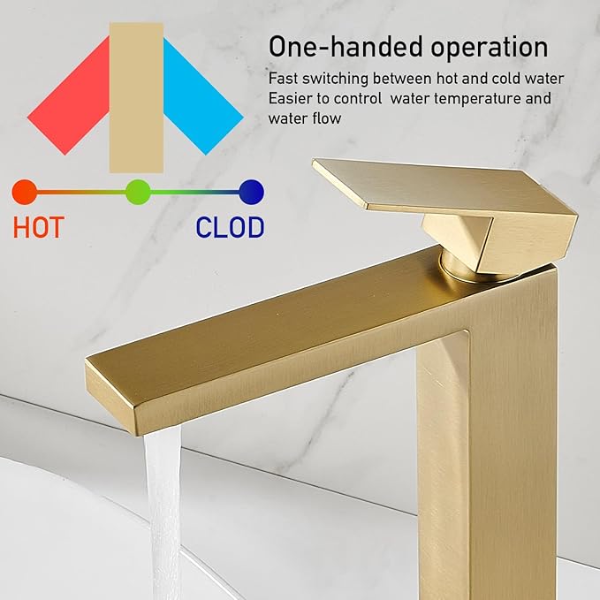 AVSIILE Brushed Gold Vessel Sink Faucet, 1 Hole Single Handle Tall Bathroom Vanity Faucets, Modern Utility Rv Laundry Bath Restroom Mixer Tap with Metal Pop Up Drain and 2 Water Supply Lines
