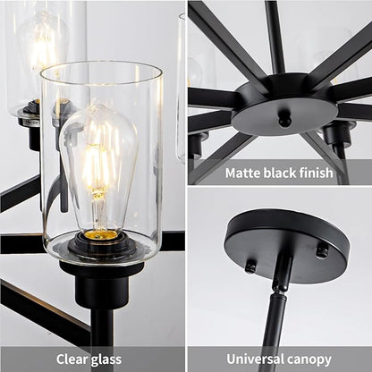 8 Light Black Chandeliers for Dining Room Light fixtures Over Table Modern Farmhouse Chandelier Industrial Hanging Pendant Lighting for Living Room Foyer Kitchen Table with Glass Shade