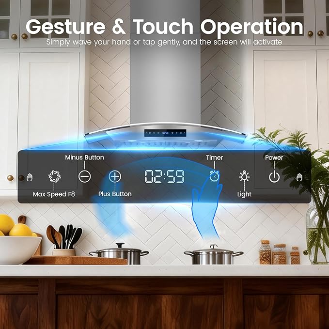 30 inch Wall Mounted Range Hood, 1200 CFM Kitchen Hood with Energy Saving DC Motor, 8-Speed Fan, Ducted/Ductless Convertible, Memory Function & Delay Shutoff, Tempered Glass