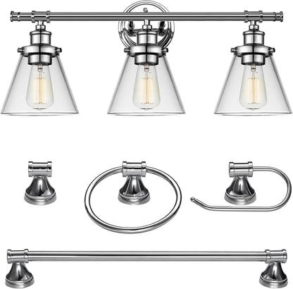 Globe Electric 51234 5-Piece All-in-One Bathroom Set, Chrome, 23" 3-Light Vanity Wall Light with Clear Glass Shades, Towel Bar and Ring, Robe Hook, Toilet Paper Holder, Beauty Room Accessories