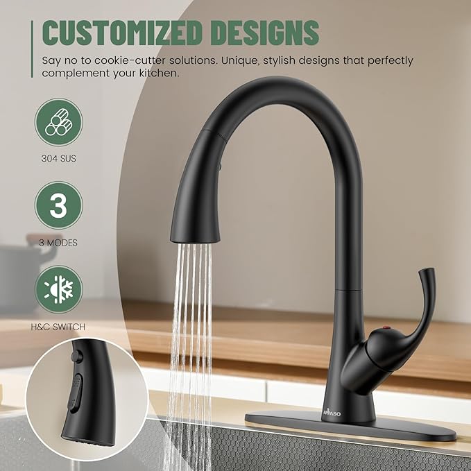 APPASO Black Kitchen Faucet One Hole, 3-Mode Pull Down Sprayer, 360° Swivel, 20-Inch Hose, Single Handle High Arc Matte Black Modern Faucet for 1 or 3-Hole Kitchen Sink, Spot Resist, Easy to Install