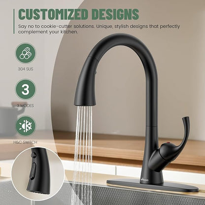 APPASO Black Kitchen Faucet One Hole, 3-Mode Pull Down Sprayer, 360° Swivel, 20-Inch Hose, Single Handle High Arc Matte Black Modern Faucet for 1 or 3-Hole Kitchen Sink, Spot Resist, Easy to Install