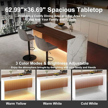 63 Inch Kitchen Island with 4 Deep Brown Bar Stools – White Marble Countertop, Integrated LED Lighting & Grille Design, Multi-Functional Breakfast Bar for Dining Rooms, (White+2grey)
