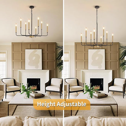 Black and Gold Chandelier: 8-Light 29.5 Inch Candle Style Chandeliers with Candelabra Arms - Modern Farmhouse Dining Room Light Fixture for Foyer Kitchen Island - E12 Base