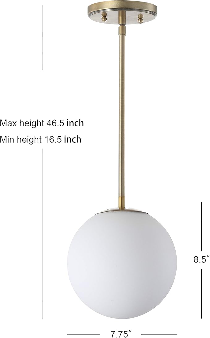 JONATHAN Y 7.75" White/Brass Gold Modern Globe LED Pendant Light, Industrial Hanging Ceiling Lamp for Kitchen Island, White Glass Globe Shade, LED Bulb Included JYL9528A