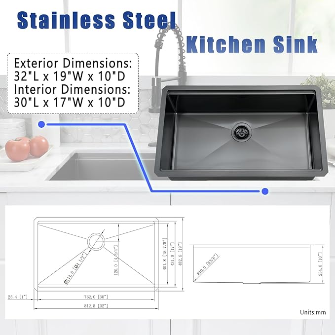 32 Inch Black Undermount Kitchen Sink with Faucet - 32x19 Black Stainless Steel Undermount Sink with Faucet Combo, 10 Inch Deep Single Bowl Workstation Sinks with Accessories