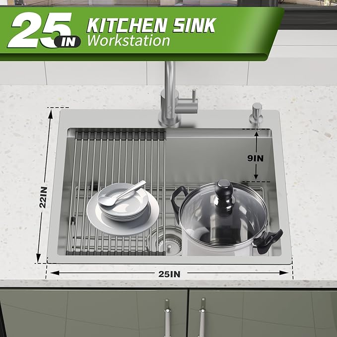 Kitchen Sink Workstation, 25x22 Inch Stainless Steel Drop In Kitchen Sink Modern Single Bowl Kitchen Sink Accessory Combo-SS Grid,Drying Rack,Cutting Board,Soap Dispenser, Drain Strainer Set