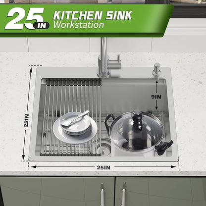 Kitchen Sink Workstation, 25x22 Inch Stainless Steel Drop In Kitchen Sink Modern Single Bowl Kitchen Sink Accessory Combo-SS Grid,Drying Rack,Cutting Board,Soap Dispenser, Drain Strainer Set