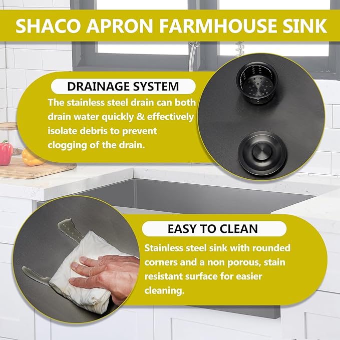 SHACO 33 Inch Black Farmhouse Sink, 33x21 Gunmetal Black 16 Gauge Stainless Steel Apron Front Sink, 9 Inch Deep Single Bowl Kitchen Sink