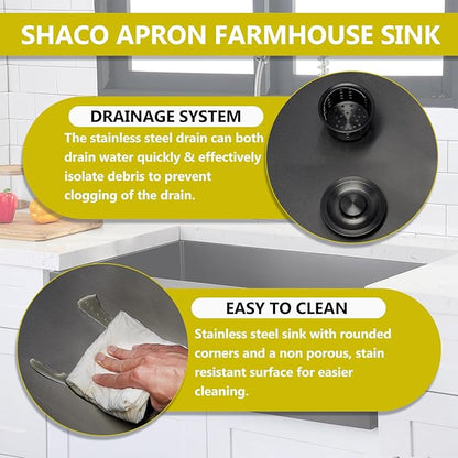 SHACO 33 Inch Black Farmhouse Sink, 33x21 Gunmetal Black 16 Gauge Stainless Steel Apron Front Sink, 9 Inch Deep Single Bowl Kitchen Sink