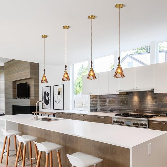 Amber Glass Vintage Pendant Light Height Adjustable Handmade Glass Pendant Lights Kitchen Island Gold Hanging Light Fixture with Wood Handle for Bedroom Dining Room Hotel (3 Pack)