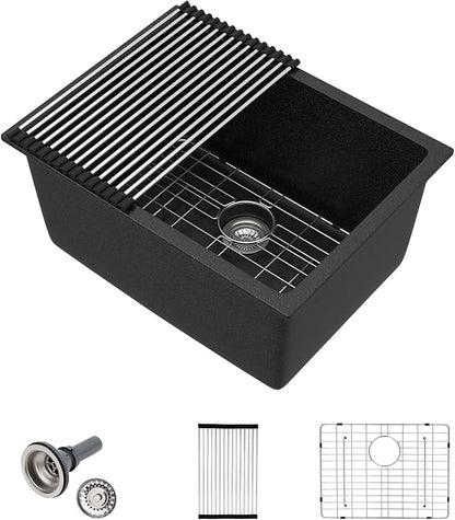 24x18 Inch Undermount Laundry Sink, Black Granite Composite Quartz Sink, 12 Inch Deep Single Bowl Utility Sink, Non-Porous, Scratch Resistant, Easy to Clean, Modern Sink for Laundry Room