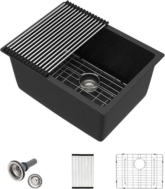 24x18 Inch Undermount Laundry Sink, Black Granite Composite Quartz Sink, 12 Inch Deep Single Bowl Utility Sink, Non-Porous, Scratch Resistant, Easy to Clean, Modern Sink for Laundry Room