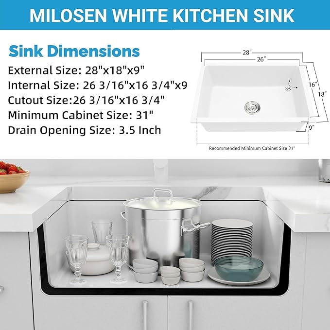 MILOSEN White Undermount Kitchen Sink, 28×18 inch White Granite Composite Kitchen Sinks, 9'' Depth Deep and Large Quartz Sink with Accessories, Pure White Single Bowl Large Capacity Basin for Kitchen