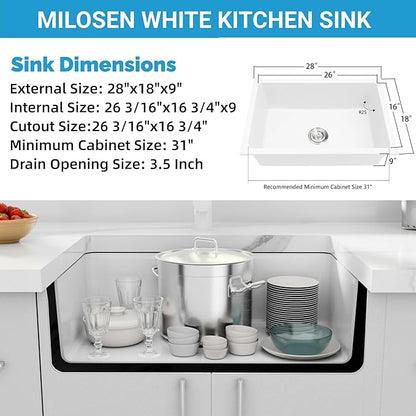 MILOSEN White Undermount Kitchen Sink, 28×18 inch White Granite Composite Kitchen Sinks, 9'' Depth Deep and Large Quartz Sink with Accessories, Pure White Single Bowl Large Capacity Basin for Kitchen