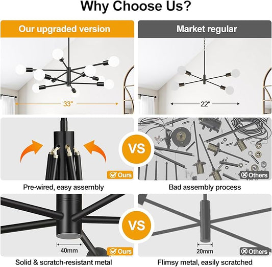 MQMQA Sputnik Chandeliers Dining Room Light Fixture (10-Light, 32-Inch), Modern Black Chandelier, Height Adjustable Mid Century Modern Chandeliers for Dining Room Kitchen Island (Bulbs Not Included)
