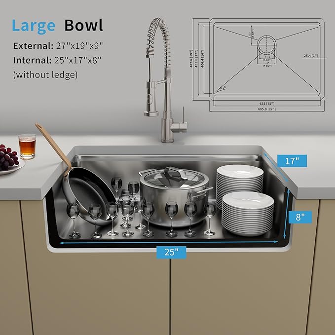 27 Inch Undermount Kitchen Sink,16 Gauge Stainless Steel Kitchen Sink Single Bowl, 27"x19"x9" Undermount Sink Ledge Workstation Sinks With All Accessories, Multi-Functional Sinks