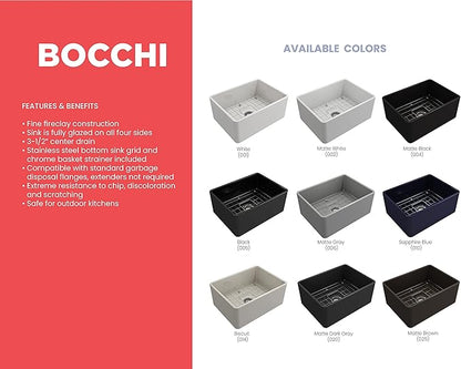 BOCCHI Classico Farmhouse Apron Front Fireclay 24 in. Single Bowl Kitchen Sink with Protective Bottom Grid and Strainer in M.Dark Gray