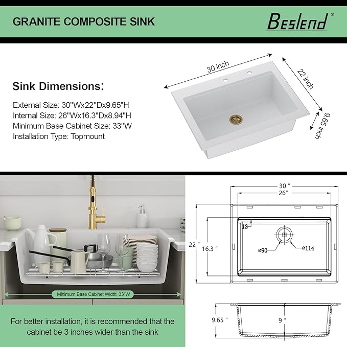 30 Granite Composite Kitchen Sink - Beslend 30x22 Drop In White Kitchen Sink, Topmount Granite Luxury Above Counter Worksation White Sinks Easy Clean Quartz Dish Basin for Kitchen Remodel