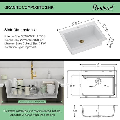 30 Granite Composite Kitchen Sink - Beslend 30x22 Drop In White Kitchen Sink, Topmount Granite Luxury Above Counter Worksation White Sinks Easy Clean Quartz Dish Basin for Kitchen Remodel