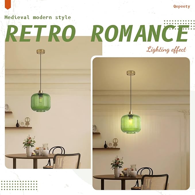 Modern Pendant Light, 7.9 Inch Globe Farmhouse Pendant Fixture with Striped Glass Shade, Adjustable Height Ceiling Light for Kitchen Island, Dining Room, Living Room, Bedroom, Entryway