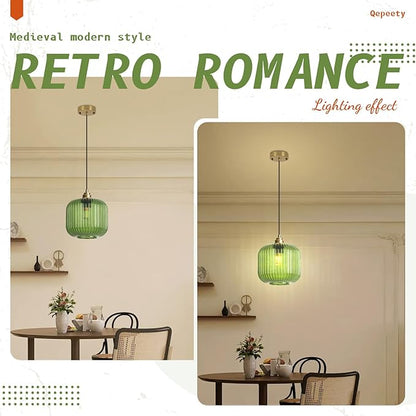 Modern Pendant Light, 7.9 Inch Globe Farmhouse Pendant Fixture with Striped Glass Shade, Adjustable Height Ceiling Light for Kitchen Island, Dining Room, Living Room, Bedroom, Entryway