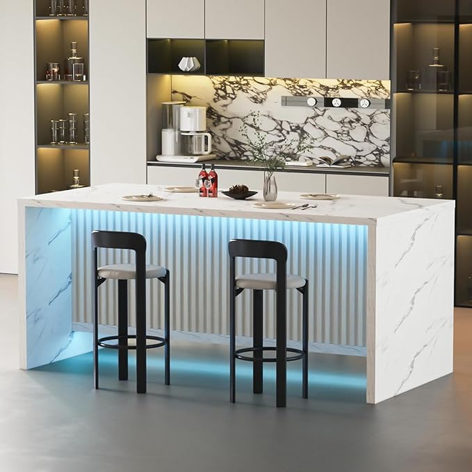 71" Faux Marble Dining Table for 4-6, Island Table with LED Lights, Modern Marble Stripes Kitchen Dining Table with Grille Design for Dining Room, Living Room, White