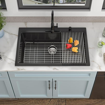 33 Granite Composite Kitchen Sink - Fulorni 33"×22" Granite Kitchen Sink Drop In Topmount Matte Black Quartz Classic Over Mount Single Bowl Sink Basin