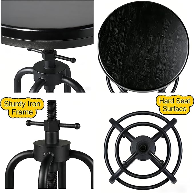 LOKKHAN Vintage Industrial Bar Stool - Rustic Swivel - Round Wood Metal - Kitchen Counter Height Adjustable - Pipe Stool - Cast Steel - 20-27 Inch (Set of 2)