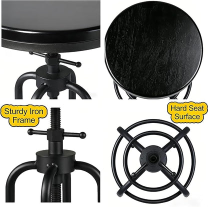 LOKKHAN Vintage Industrial Bar Stool - Rustic Swivel - Round Wood Metal - Kitchen Counter Height Adjustable - Pipe Stool - Cast Steel - 20-27 Inch (Set of 2)