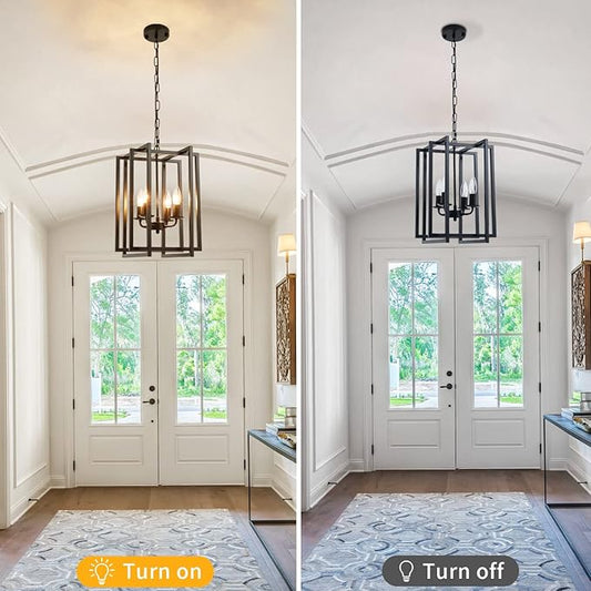 Farmhouse Lantern Chandelier Light Fixture Black, 4-Light Rustic Industrial Pendant Lighting, Adjustable Height Modern Square Cage Hanging Lights for Hallway Kitchen Island Living Room Bedroom