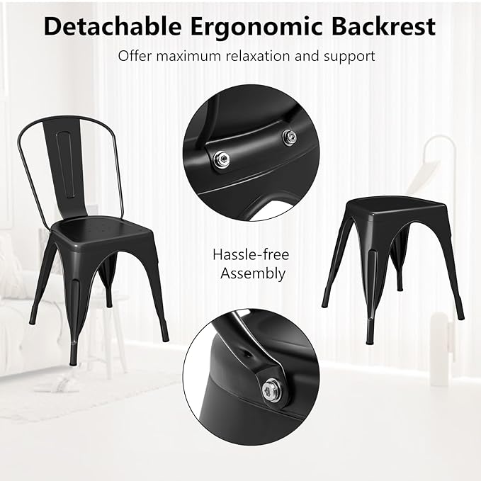COSTWAY 18 Inch Dining Chair Set of 4, Industrial Vintage Stackable Metal Chairs, Armless Counter Bar Chairs with High Backrest for Home, Kitchen and Cafe Bar Use