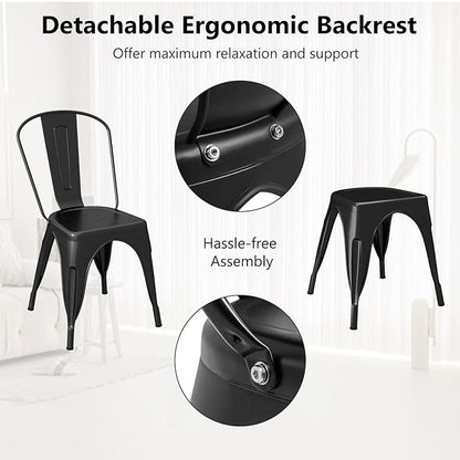 COSTWAY 18 Inch Dining Chair Set of 4, Industrial Vintage Stackable Metal Chairs, Armless Counter Bar Chairs with High Backrest for Home, Kitchen and Cafe Bar Use