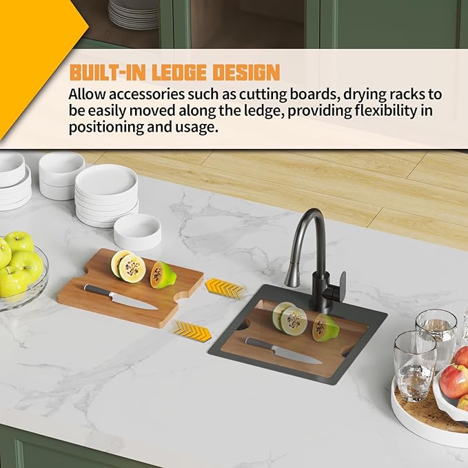 Black 15x15In Kitchen&Bar Workstation Sink- Small Stainless Steel Drop In Single Bowl Bar Sink Built-in Ledge Topmount Workstation Sink With Accessory-SS Grid Cutting Board,Silicon Mat,Drain Assembly