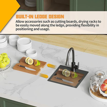 Black 15x15In Kitchen&Bar Workstation Sink- Small Stainless Steel Drop In Single Bowl Bar Sink Built-in Ledge Topmount Workstation Sink With Accessory-SS Grid Cutting Board,Silicon Mat,Drain Assembly