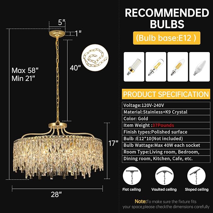 10 Lights Modern Gold Crystal Chandeliers for Dining Room Light Fixture | D28 Round Crystal Chandelier Over Table | Hanging Lighting for Living Room Kitchen Island Bedroom Bathroom