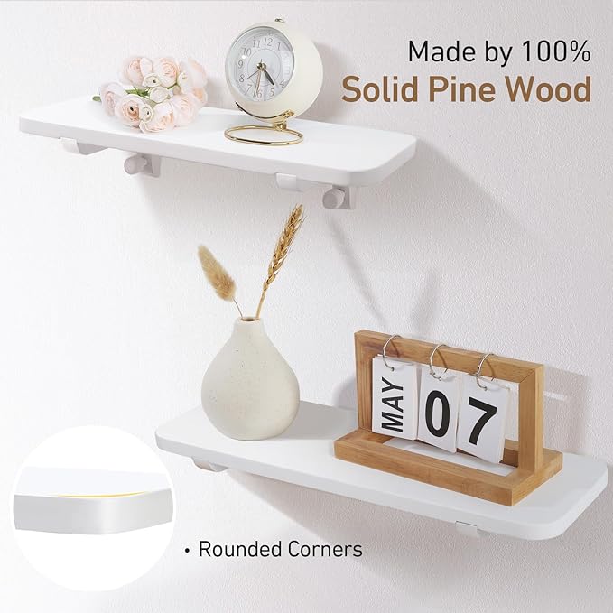 Wooden Floating Shelves for Wall, 15.7" W x 6" D x 0.6" H Large Wall Shelves, Hanging Storage Shelf with Hooks for Living Room, Kitchen, Bathroom, Bedroom Decor, White, 3 Packs