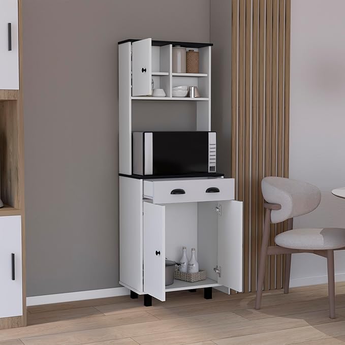 67" H Kitchen Pantry, Storage Cabinet with 2 Cabinets, 2 Open Shelves and 1 Drawer, White+Black, Easy to Maintain, for Dining Room