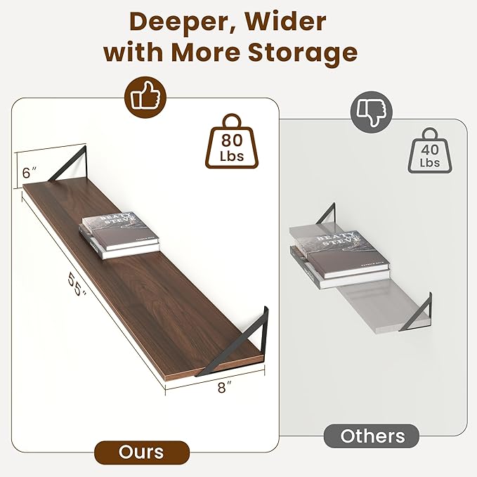 Acovy 55" Long Wall Mounted Floating Shelves,8 inch Deep Floating Shelf with Metal Brackets Set of 2,Easy-to-Install Wall Decor Storage Ledges for Living Room,Bathroom,Bedroom,Kitchen,Office,Walnut
