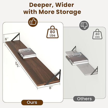 Acovy 55" Long Wall Mounted Floating Shelves,8 inch Deep Floating Shelf with Metal Brackets Set of 2,Easy-to-Install Wall Decor Storage Ledges for Living Room,Bathroom,Bedroom,Kitchen,Office,Walnut
