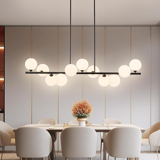 Linear Chandeliers for Dining Room,11 Light Globe Sputnik Chandelier with Milk White Glass 51inch Black Dining Room Light Fixture, Large Modern Chandelier for Kitchen Island